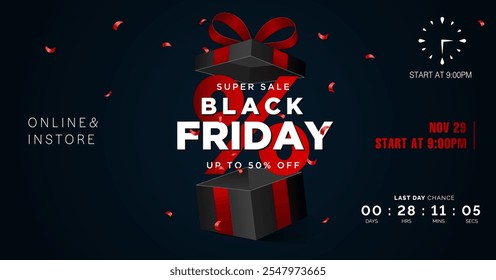 Plantilla de Anuncio del Viernes Negro. Conjunto de Plantillas de diseño para una venta de Black Friday, promoción, publicidad o anuncio de redes sociales con un globo rojo, estrellas y una oferta de descuento.