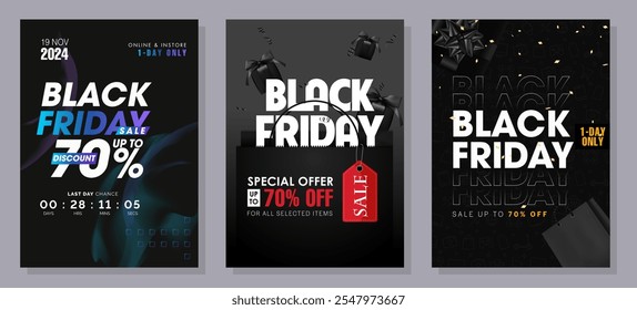 Black Friday banner template. Set of design templates for a Black Friday sale, promotion, advertising, or social media ad with a red balloon, stars, and a discount offer.