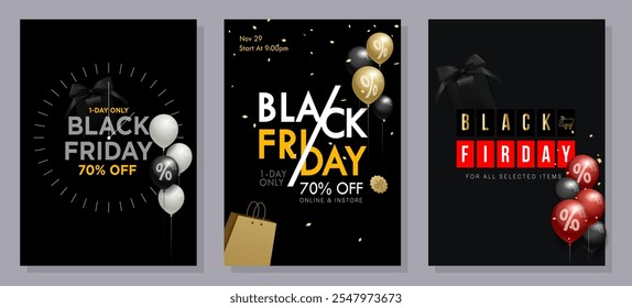 Black Friday banner template. Set of design templates for a Black Friday sale, promotion, advertising, or social media ad with a red balloon, stars, and a discount offer.