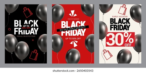 Black Friday banner template. Set of design templates for a Black Friday sale, promotion, advertising, or social media ad with a black balloons and a discount offer.
