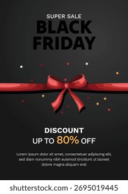 Black Friday banner template. Set of design templates for a Black Friday sale, promotion, advertising, or social media ad with red ribbon, stars, and a discount offer.