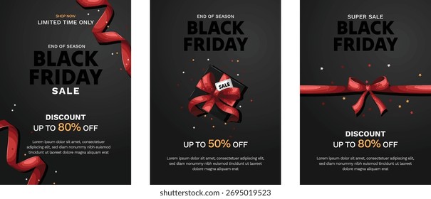 Plantilla de Anuncio del Viernes Negro. Conjunto de Plantillas de diseño para una venta de Black Friday, promoción, publicidad o anuncio de redes sociales con cinta roja, caja de regalo, estrellas y una oferta de descuento.