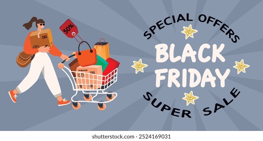 Black Friday banner template with shopping woman.Cartoon character with a cart full of bags and packages.Walking girl carries a box in her hands.Vector flat cokor illustration with handwritten.