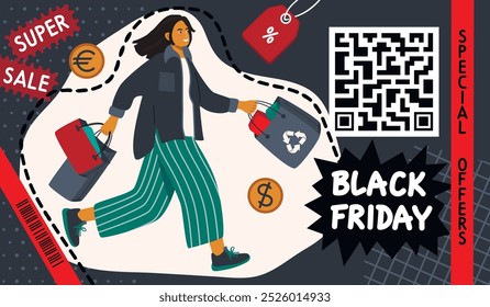 Black Friday modelo de banner com garota das compras, mão escrita, tag, fita, moedas de dinheiro, código de resposta rápida.
Personagem de desenho animado com design hand bags.Vetor em fundo cinza com estilo textures.Flat. 