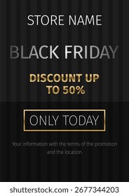 Modelo de banner Black Friday com texto em plano de fundo preto listrado. Texto dourado com informações de venda. Modelo para postagem, anúncio, impressão etc.