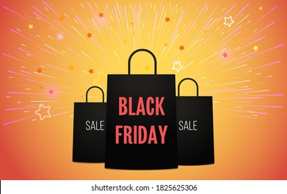 Black friday banner template Vector illustration in flat design Three black packages with inscription Sale on bright orange backdrop with light flashes and stars