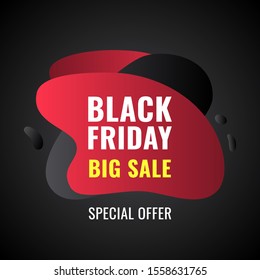 Black friday banner with text at abstract shapes. Sale banner on black background. Vector isolated illustration. Special offer, big sale. For web design and printing on leaflets, posters, brochures.