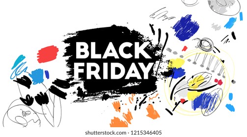 Black Friday banner. Text. Holiday shopping. Memphis pattern. Retro, vintage style. Abstract background. Vector artwork. Blue, black, pink, yellow, beige, purple colors.