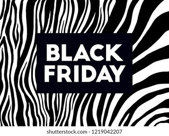 Black friday banner. Text. Holiday shopping, sale. Animal pattern, zebra, tiger print. Abstract background. Vintage, retro fashion. Monochrome, black and white. Logo, label, branding. Flayer, poster