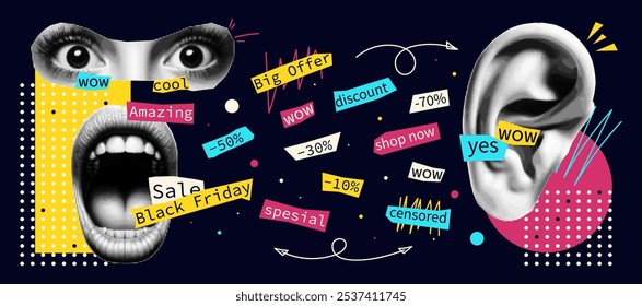 Black Friday banner and vector halftone template. Sale design with eyes, hands, ear and lettering.