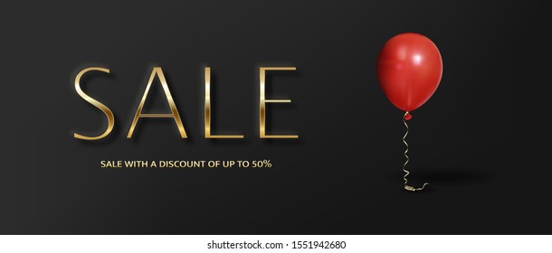 Black Friday banner, vector illustration. Gold calligraphic text, black realistic balloons. Graphic design elements for flyer, sale promo.