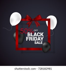 Black Friday banner. Vector illustration with balloon and ribbon