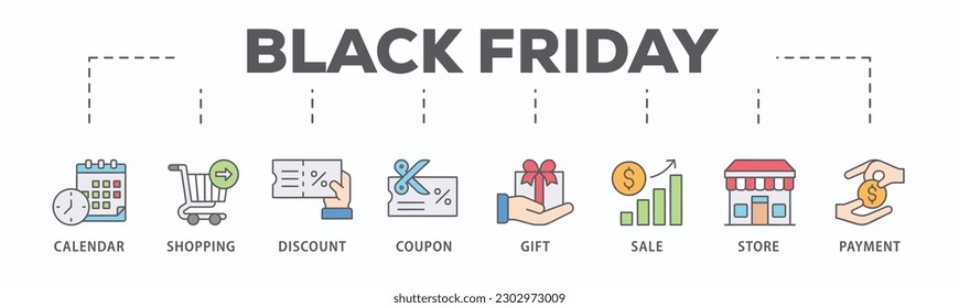 Black friday banner web icon vector illustration concept with icon of calendar, shopping, discount, coupon, gift, sale, store, payment
