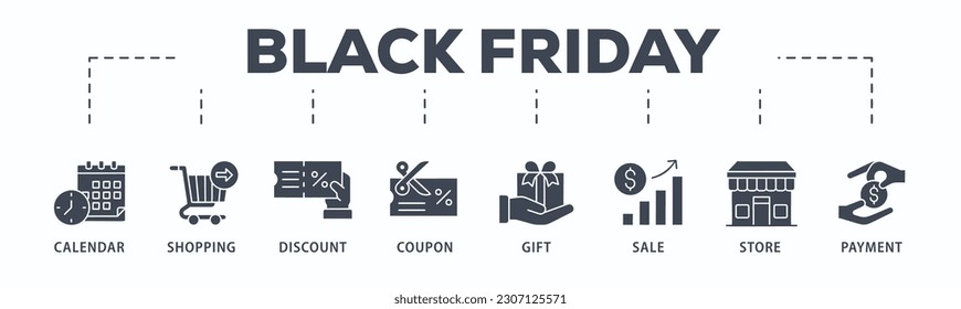 Black friday banner web icon vector illustration concept with icon of calendar, shopping, discount, coupon, gift, sale, store, payment
