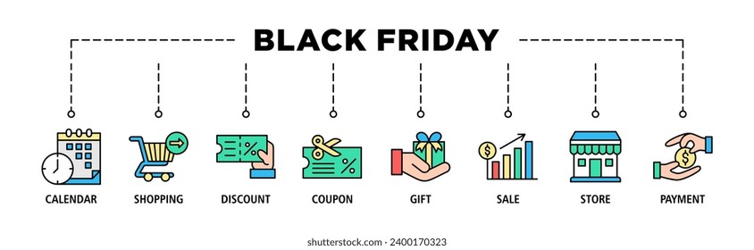 Banner negro viernes conjunto de iconos web conjunto de ilustraciones vectoriales con ícono de calendario, compras, descuento, cupón, regalo, venta, tienda, pago