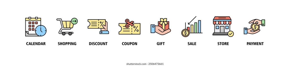 Black friday banner web icon set vector illustration concept with icon of calendar, shopping, discount, coupon, gift, sale, store, payment icons symbol background live stroke and easy to edit