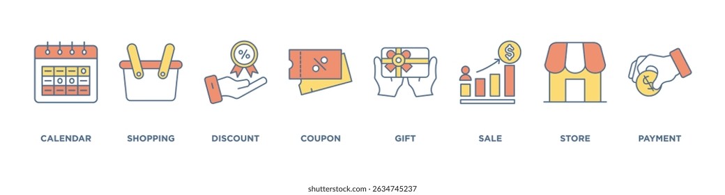 Black Friday banner web ícone vetor ilustração conceito com ícone de calendário, compras, desconto, cupom, presente, venda, loja, pagamento	