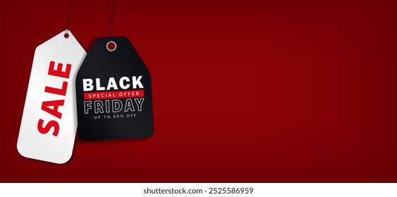 Banner Black Friday com etiquetas de venda preto e branco para promoção com texto - Super Sale. Papel de parede com etiqueta de desconto de compras realista no fundo vermelho com espaço preto. Oferta especial, hot deal