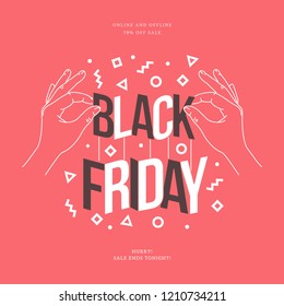 Black friday banner. Woman hands holding paper cut words black friday sale. Sale banner.