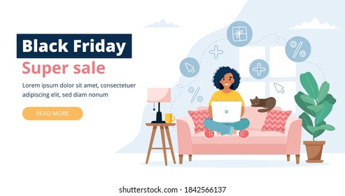 Black friday banner with woman holding a laptop. Vector illustration template