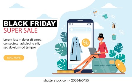 Black friday banner with woman holding a laptop, coins, credit card. Vector illustration template