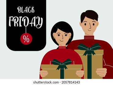 Black Friday banner. Young woman and man with a gift box. Gift box with a large bow on a light background. Vector flat illustration.