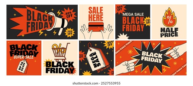 Bandeiras Black Friday. Abstrato venda adesivos. Patch publicitário de marketing para compras com desconto. Cartaz promocional com megafone, cartão de crédito, etiqueta de preço, conceito vetorial.