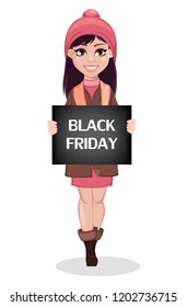 Black Friday. Beautiful girl, cartoon character holding black banner. Advertisement for sale, discount, shopping. Vector illustration on white background.