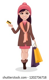 Black Friday. Beautiful girl, cartoon character holding shopping bags and credit card. Advertisement for sale, discount, shopping. Vector illustration on white background.