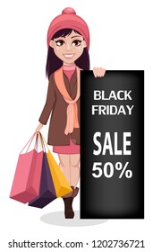 Black Friday. Beautiful girl, cartoon character standing near big black placard. Advertisement for sale, discount, shopping. Vector illustration on white background.