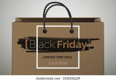 Black Friday beige 3d web banner vector template. Shopping bag with navigation button. Special offer, limited time only. Seasonal discount promo. Sale poster layout. Text on black ink smear background