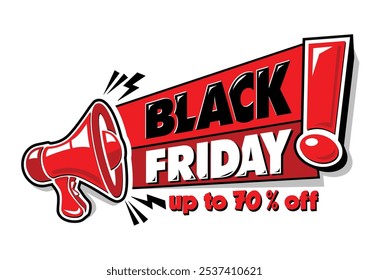 Black Friday ofrece las mejores ofertas con megáfono. Rebajas de hasta el 70%. Anuncio de Web de eventos. Diseño de Vector sobre fondo transparente