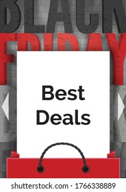 Black Friday best deals realistic vector banner template. White paper sheet with advertising text in shopping bag. Sale advertisement poster layout with black and red typography