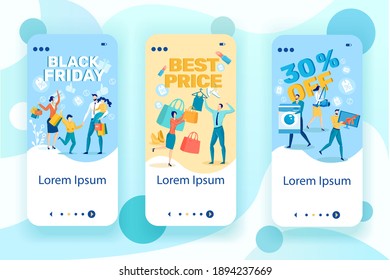 Black Friday, Best Price Sale Flat Cartoon Pages Set Vector Illustration. Family Members Doing Shopping Together. Couple Taking Falling Clothes, Shoes and Accessories. People Buying Electronics.