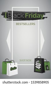 Black friday bestsellers 3d web banner vector template. Up to 40 percent discount poster layout. Most frequently buying items. Purchase bargain. Shopping bags with sale tag. Text in white frame