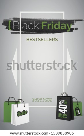 Black friday bestsellers 3d web banner vector template. Up to 40 percent discount poster layout. Most frequently buying items. Purchase bargain. Shopping bags with sale tag. Text in white frame