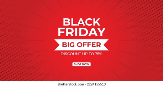 Black Friday big offer discount sale banner design template on shiny red background with halftone. Vector illustration.