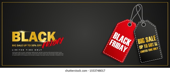 Black Friday Big Sale Up To 50% Off layout poster or banner design with red and black tag. Premium outlook, black and gold color combination. Vector illustration of modern concept design.