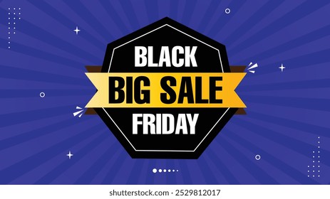 Banner de Venda Grande Black Friday - Compre agora! Ofertas arrojadas com modelos de formas de elemento elegantes em preto, amarelo, branco fundo gradiente roxo - perfeito para anúncios de promoções chamativas