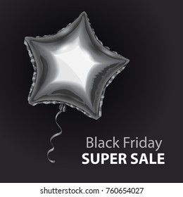 Black Friday Big Sale banner. Silver or Black Balloon flying on black background. Star shape Ballon. Vector foil star.