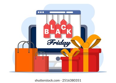 Black Friday Big Sale Concept, Online Shopping, Big Discount Promotion. Online Shopping Promotion with Cash Back and Discount, Marketing Strategy, Landing Page Flat Vector Illustration.