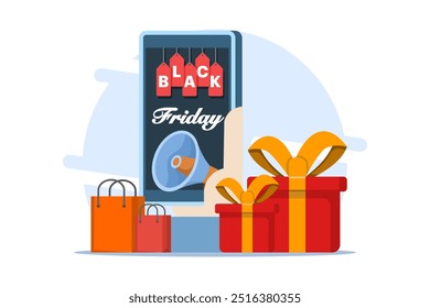 Black Friday Big Sale Concept, Online Shopping, Big Discount Promotion. Online Shopping Promotion with Cash Back and Discount, Marketing Strategy, Landing Page Flat Vector Illustration.