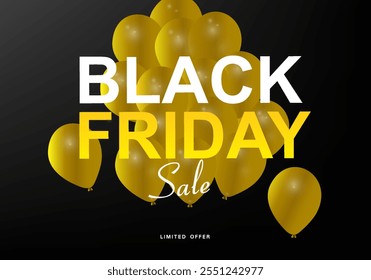 Schwarzer Freitag. Großes Angebot. Kreatives Rabattbanner mit hellgelben Ballons und Black Friday Schriftzug. Rabattflieger mit Black Friday Promotion. Vektorgrafik