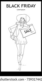 Black friday big sale. Elegant woman with shopping bag. Place for text. Black and white colors concept. Autumn holiday background. Creative vector illustration