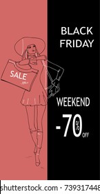 Black friday big sale. Elegant woman with shopping bag. Place for text. Black and white colors concept. Autumn holiday background. Creative vector illustration