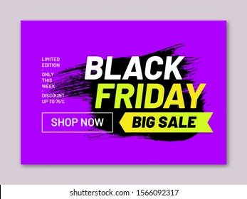 Black Friday Big Sale Flyer. Retail Tag In Shape Of Paintbrush Stroke. Limited Edition Only This Week. Promotion And Marketing Campaign. Seasonal Sale Announcement Template With Shop Now Button