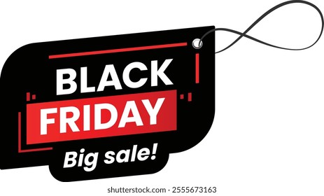 Black friday big sale label featuring a striking red and black design, highlighting substantial discounts and exclusive offers for enthusiastic shoppers during the holiday weekend