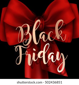 Black Friday Big Sale lettering with big red silk bow on black background Calligraphic Designs. Poster Sale.Typography. Vector illustration.