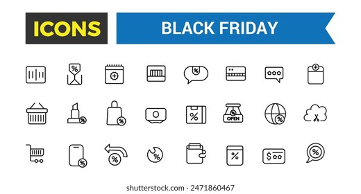 Black Friday Big Sale line icon set. Outline icons pack. Editable vector icon and illustration.