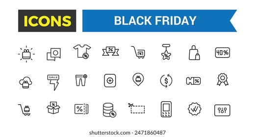 Black Friday Big Sale line icon set. Outline icons pack. Editable vector icon and illustration.